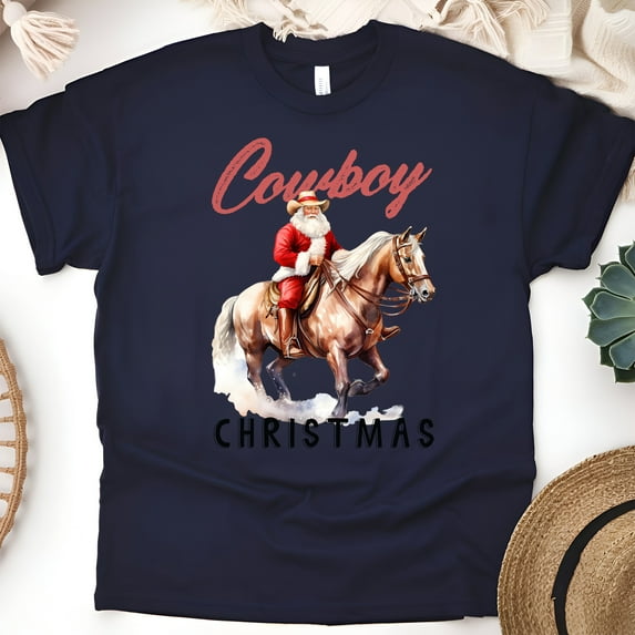 Cowboy Santa Claus Graphic T-Shirt | Western Holiday Tee for Men Women, Navy, Size 3XL