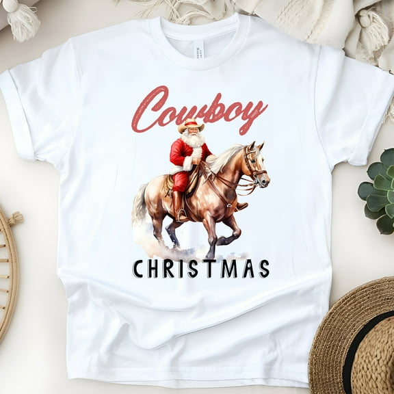 Cowboy Santa Claus Graphic T-Shirt | Western Holiday Tee for Men Women, White, Size 3XL