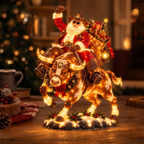Cowboy Santa Figurine, for mantel, shelf, desk and holiday tabletop displays, Cowboy Santa riding a longhorn bull, 4.7 H x 5.9 W x 2.8 D in