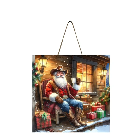 Cowboy Santa Sign Christmas Ornament, Wood Mini Sign