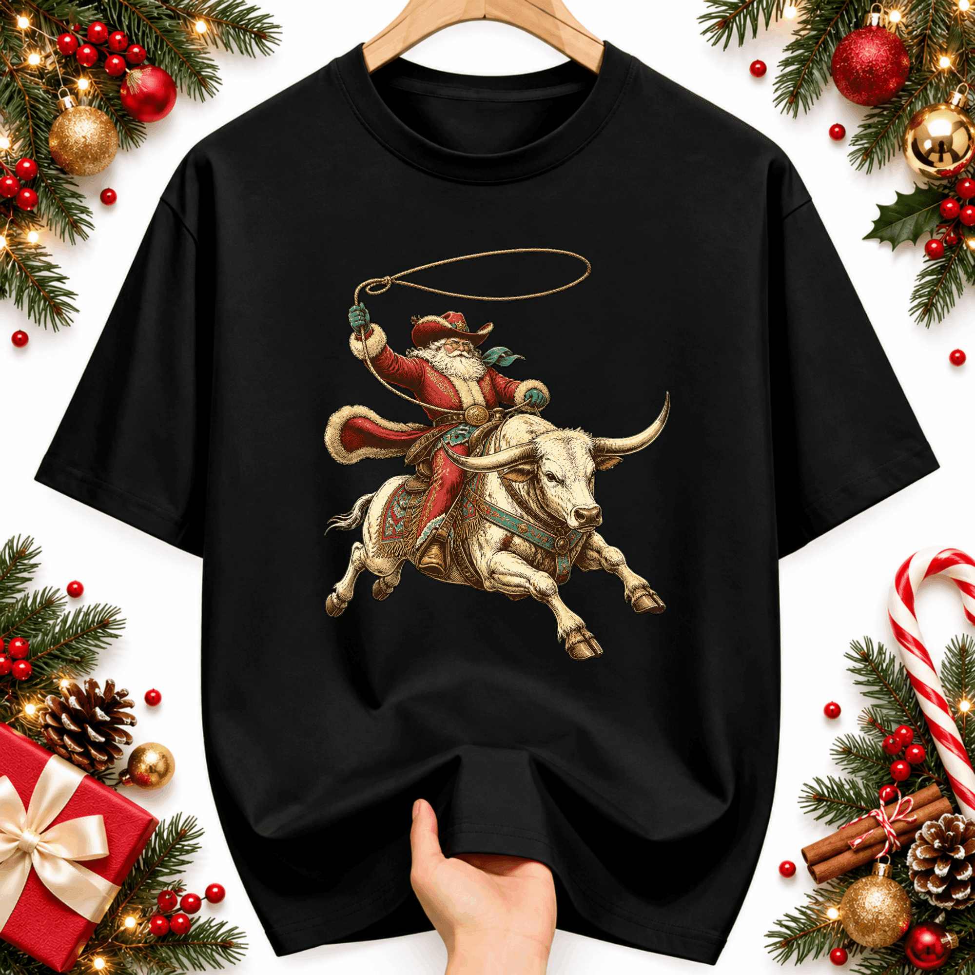 Cowboy Santa Unisex Graphic T-Shirt, Christmas Bull Rider Holiday ...