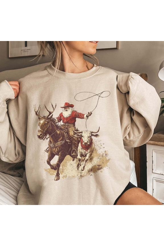 Cowboy Santa Western Roping Christmas Sweatshirt, Vintage Country Christmas Sweater, Howdy Christmas Sweatshirt