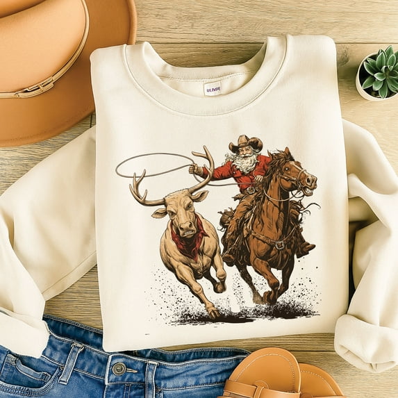 Cowboy Santa Western Roping Christmas Sweatshirt, Vintage Country Holiday Howdy Shirt, Cowgirl Gift Rustic Rodeo Santa Top