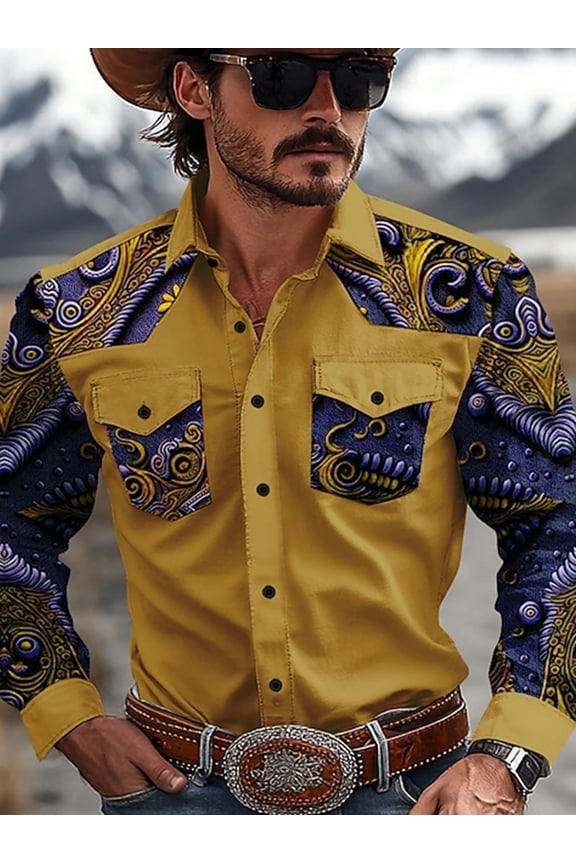 Cowboy Shirt for Men Western Casual Work Long Sleeve Plaid Button Down Shirts Vintage Country Style Slim Fit Top Yellow M