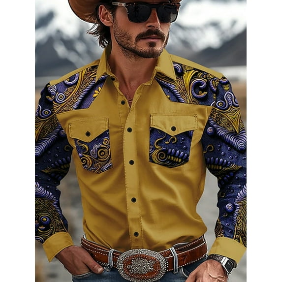 Cowboy Shirt for Men Western Casual Work Long Sleeve Plaid Button Down Shirts Vintage Country Style Slim Fit Top Yellow XXL