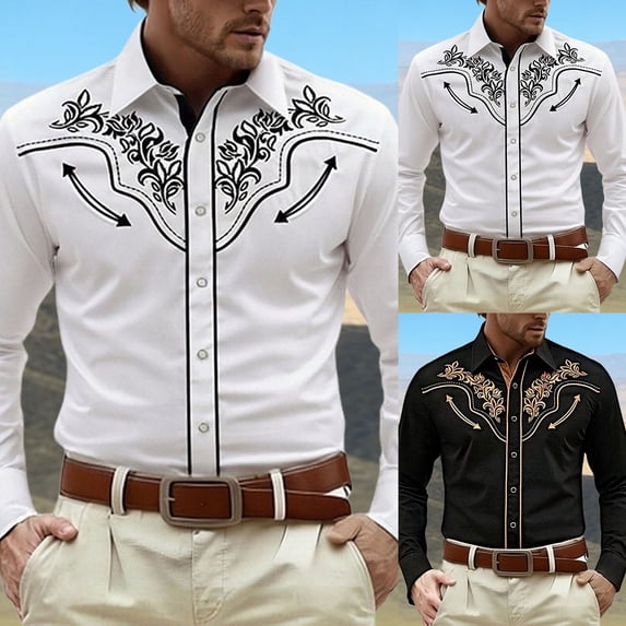 Cowboy Shirt for Men Western Embroidered Long Sleeve Button Down Shirts Spring Fall Country Top White XXXXL