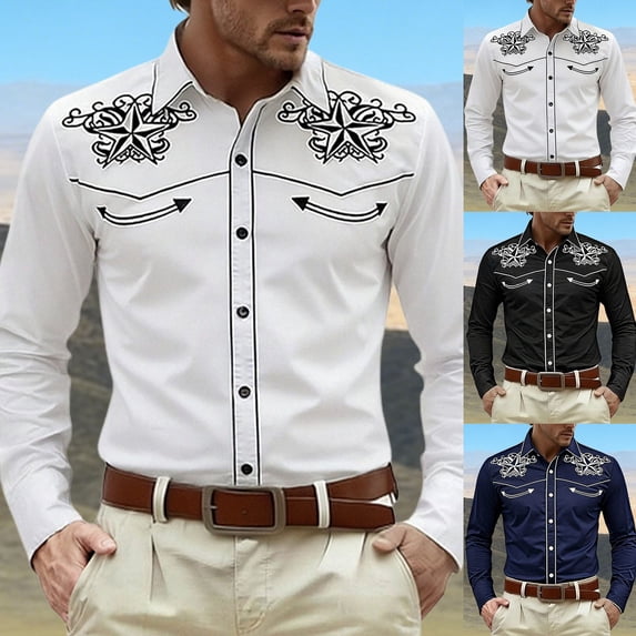 Cowboy Shirt for Men Western Long Sleeve Button Up Shirts Soft Spring Fall Country Embroidered Top White XXXXL