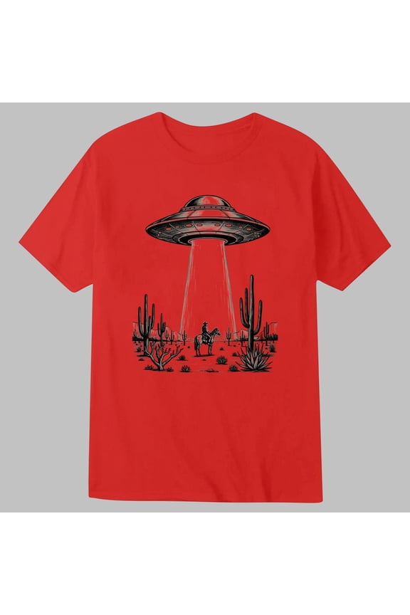 Cowboy Shirts for Boys UFO & Cowboy Print Shorts Sleeves Crew Neck T-Shirt (Red 1-2 Years)