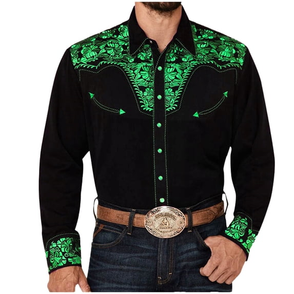 Cowboy Shirts for Men Vintage Western Embroidered Long Sleeve Button Down Shirt Rhinestone Spring Fall Tops Green M