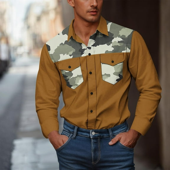 Cowboy Shirts for Men Western Long Sleeve Big and Tall Camouflage Print Work Shirt Button Down with Two Pockets Workwear Gold S