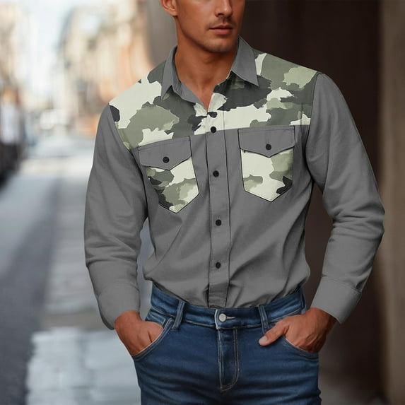 Cowboy Shirts for Men Western Long Sleeve Big and Tall Camouflage Print Work Shirt Button Down with Two Pockets Workwear Gray XXXL