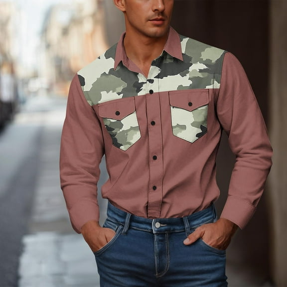 Cowboy Shirts for Men Western Long Sleeve Big and Tall Camouflage Print Work Shirt Button Down with Two Pockets Workwear Pink S