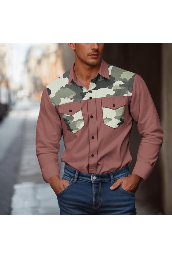 Cowboy Shirts for Men Western Long Sleeve Big and Tall Camouflage Print Work Shirt Button Down with Two Pockets Workwear Pink XXXXXL
