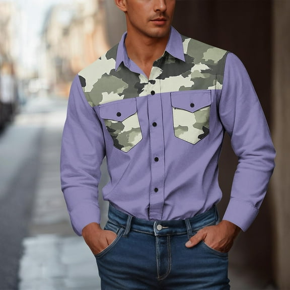 Cowboy Shirts for Men Western Long Sleeve Big and Tall Camouflage Print Work Shirt Button Down with Two Pockets Workwear Purple M