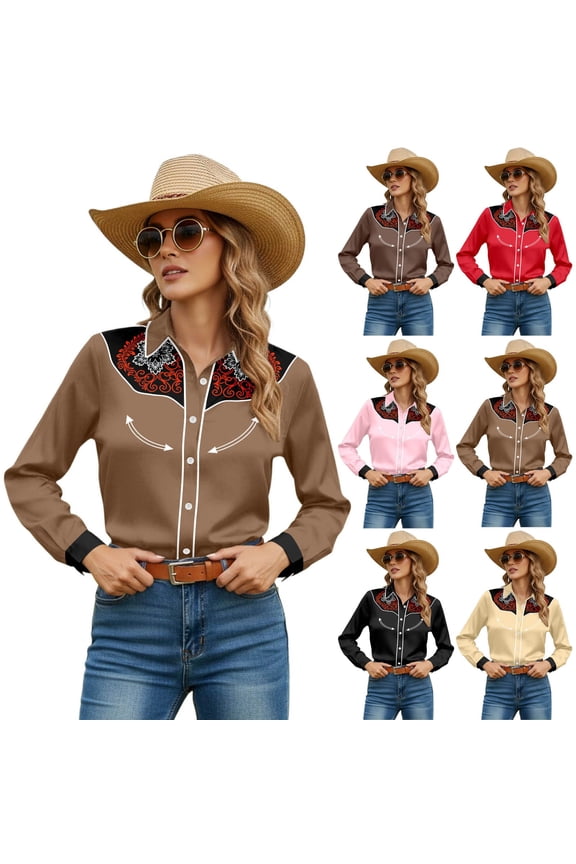 Cowboy Shirts for Women Western Cowgirl Button Down Shirt Floral Embroidery Long Sleeve Country Style Snap Black Tops S