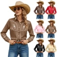 thumbnail image 1 of Cowboy Shirts for Women Western Cowgirl Country Style Button Down Shirt Floral Embroidery Long Sleeve Snap Khaki Tops L, 1 of 4