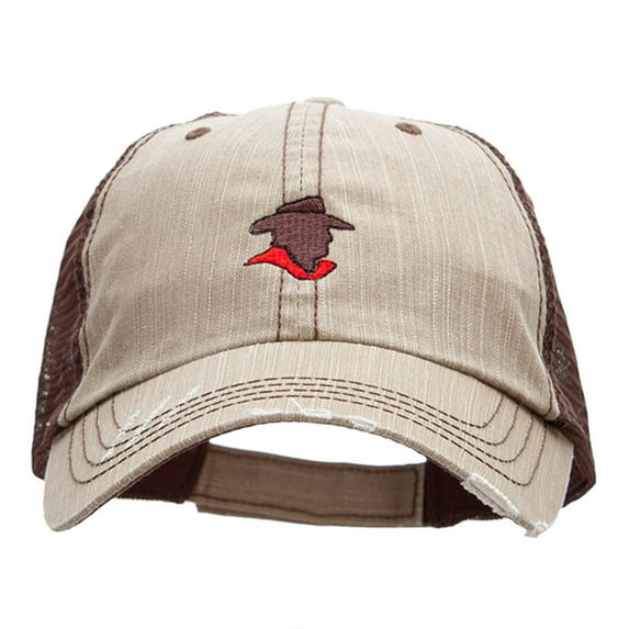 Cowboy Silhouette Embroidered Frayed Mesh Cap - Brown OSFM