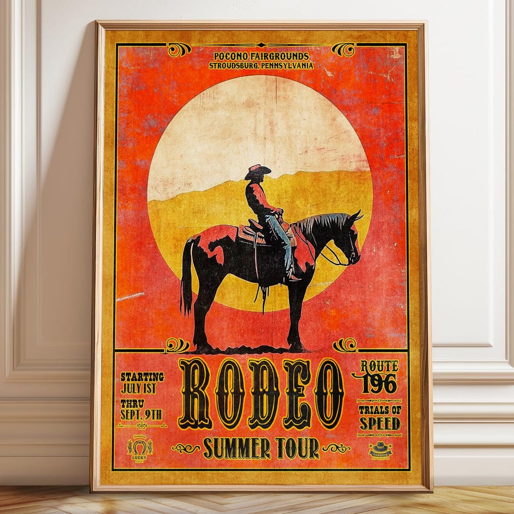Cowboy Silhouette Sunset Wall Art - Retro Pennsylvania Rodeo Event ...