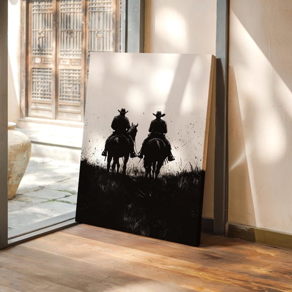 Cowboy Silhouette Wall Art, Black And White Western Horseback Poster, Rustic Ranch Decor, Vintage Frontier Illustration Wall Art, Modern Wall Decor, Poster Only