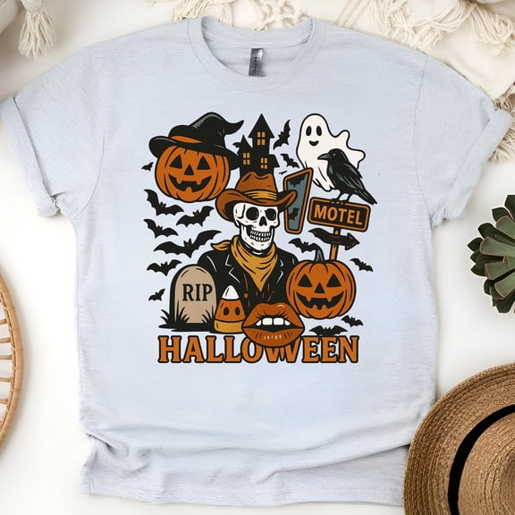 Cowboy Skeleton Halloween Shirt Spooky Graphic Tee with Pumpkins and Ghost, Ash, Size 3XL