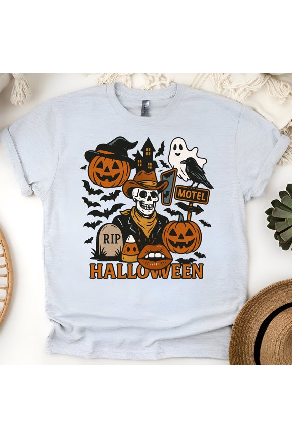 Cowboy Skeleton Halloween Shirt Spooky Graphic Tee with Pumpkins and Ghost, Ash, Size L