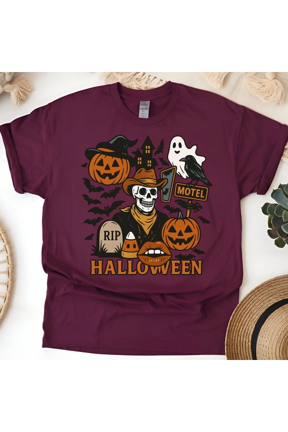 Cowboy Skeleton Halloween Shirt Spooky Graphic Tee with Pumpkins and Ghost, Maroon, Size M