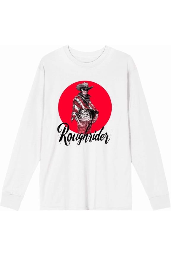 Cowboy Skeleton "Roughrider" Adult White Crew Neck Long Sleeve Tee-3XL