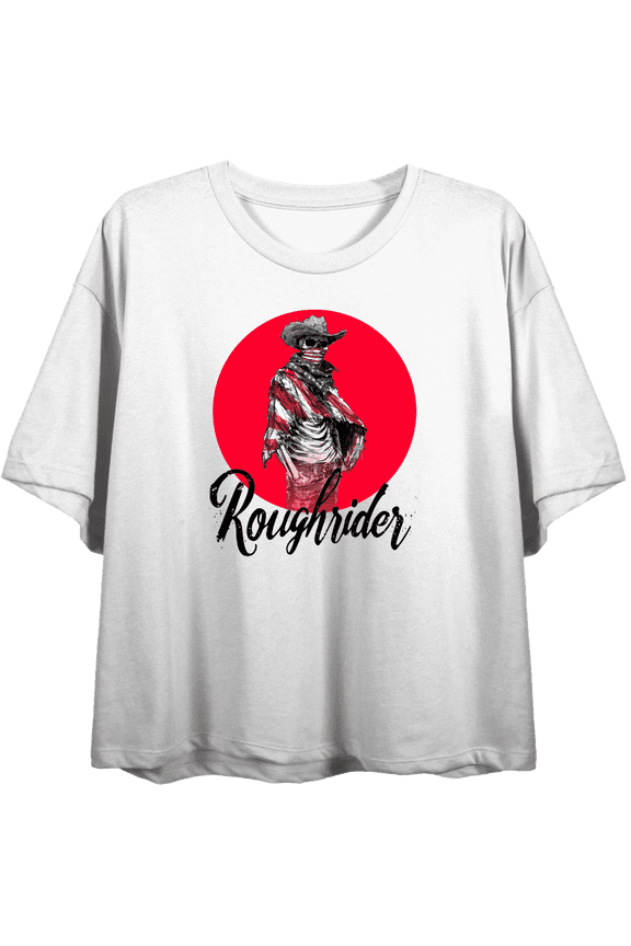 Cowboy Skeleton "Roughrider" Women's White Crew Neck Short Sleeve Top-Small