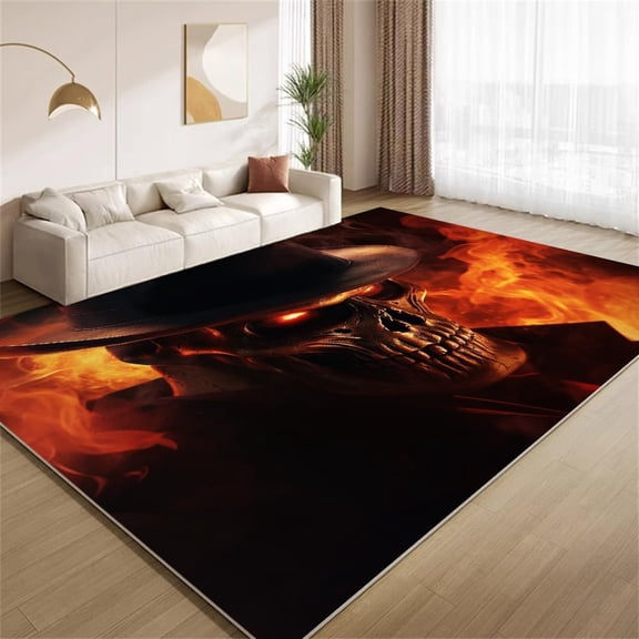 Cowboy Skull Area Rugs, Gothic Cowboy Hat Skull Fire Flame Carpet, Washable Non Slip Low Pile Soft Rug for Gaming Room Bedroom Man Cave Decor Mat 2ftx3ft