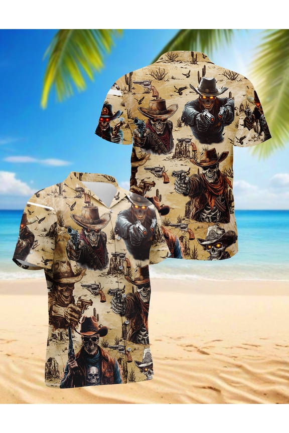 Cowboy Skull Hawaiian Shirt for Men, Western Gothic Style, Button Down Summer Beach Short Sleeve, S-5XL