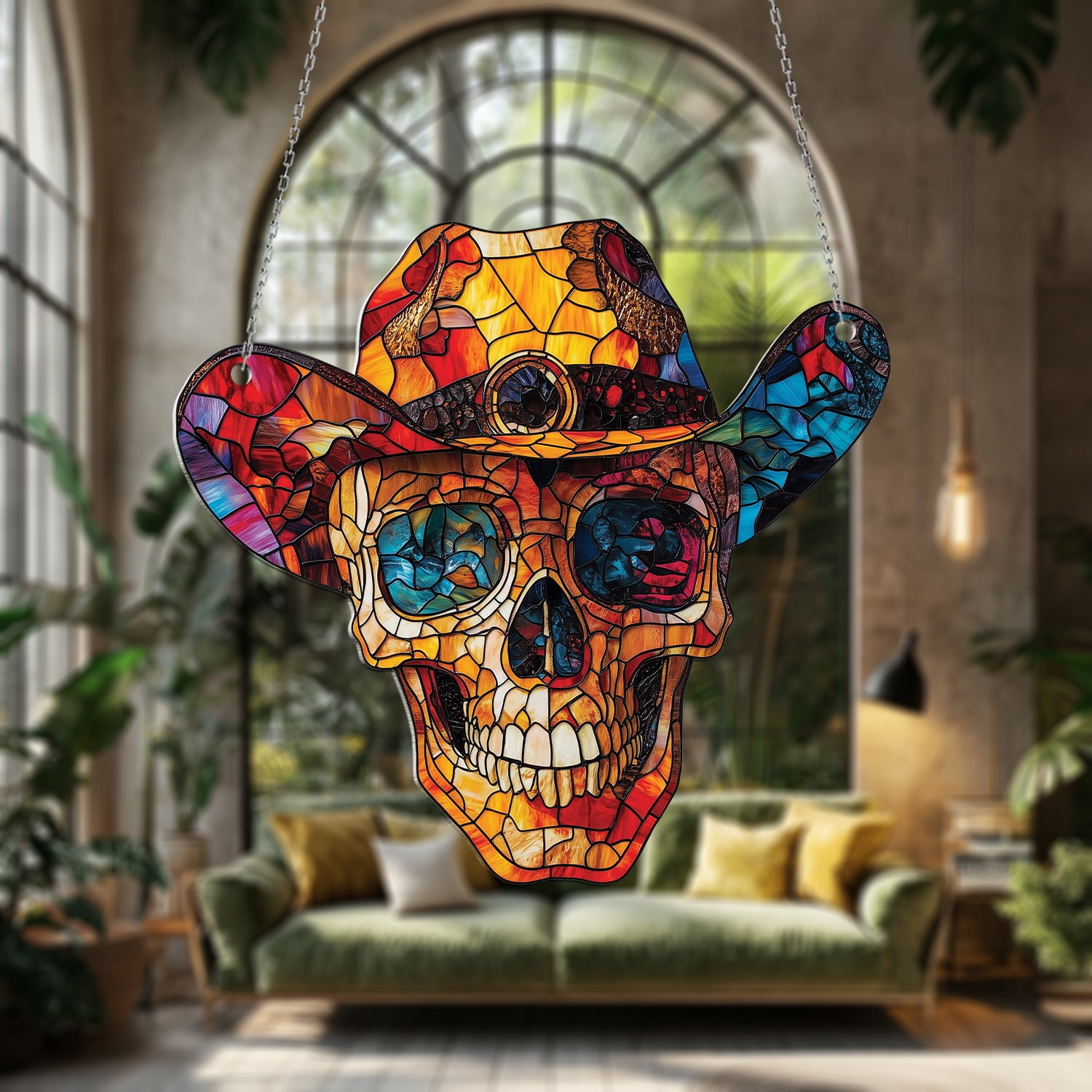 Cowboy Skull Window Hanging, Stained Glass Style Car Decoration, Gothic ...