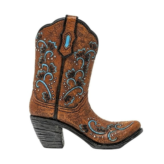 Cowboy Small Boot Vase Resin Decorative Faux Leather Boot Figurine Blue Scroll Embroidery Stitching Pattern Rustic Tabletop Decoration for Home, Office, or Western-Themed Events