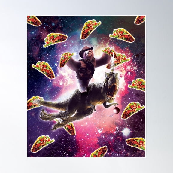 Cowboy Space Sloth On Dinosaur Unicorn - Taco Poster Wall Art, Modern Wall Decor For Living Room Bedroom, 8x12 UNFRAMED