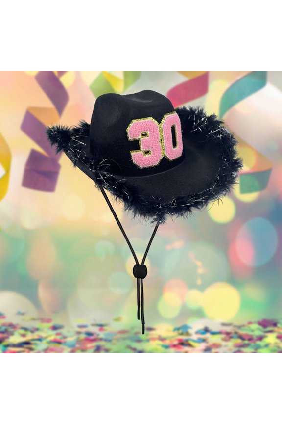 Cowboy Style Pompom Hat Birthday Party Casual Prom Performance Prop Western Theme Accessory, Black