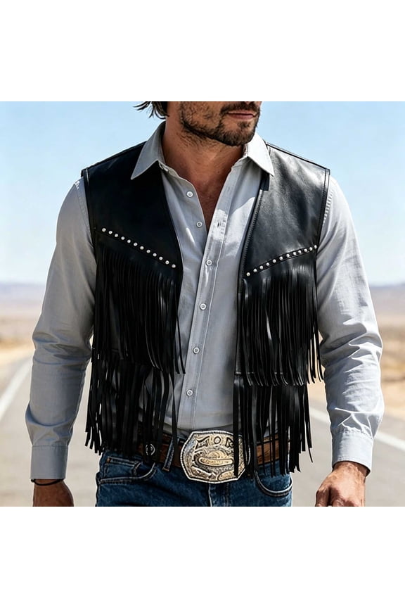 Cowboy Tassels Vest For Mens Liweisiy Open Front Sleeveless Rivet Studded Jackets Faux Leather Waistcoat Black S