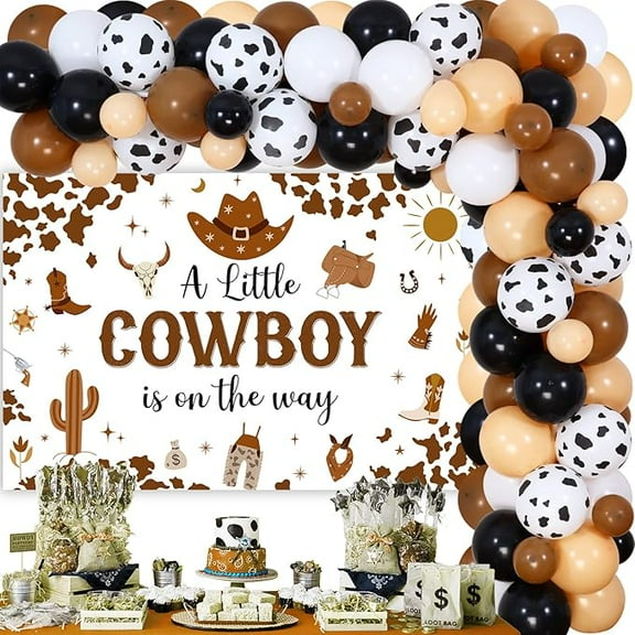 Cowboy Theme Baby Shower Decorations Brown - Western Balloon Garland Kit, A Little Cowboy is On The Way Backdrop for Baby Boy Wild West Baby Shower Party Supplies