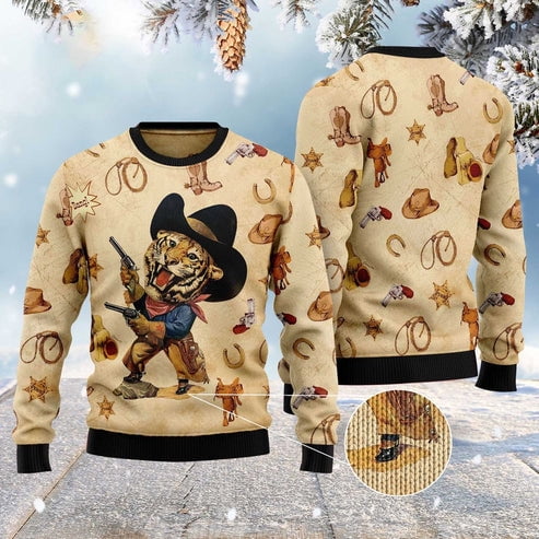 Cowboy Tiger 3D Christmas Sweater, Funny Xmas Sweater, Sweater Xmas