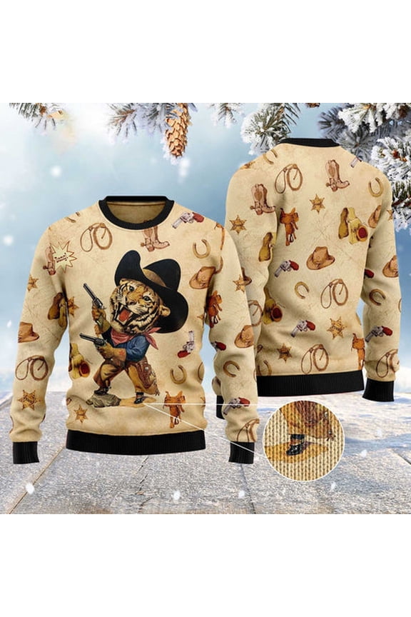 Cowboy Tiger 3D Christmas Sweater, Funny Xmas Sweater, Sweater Xmas
