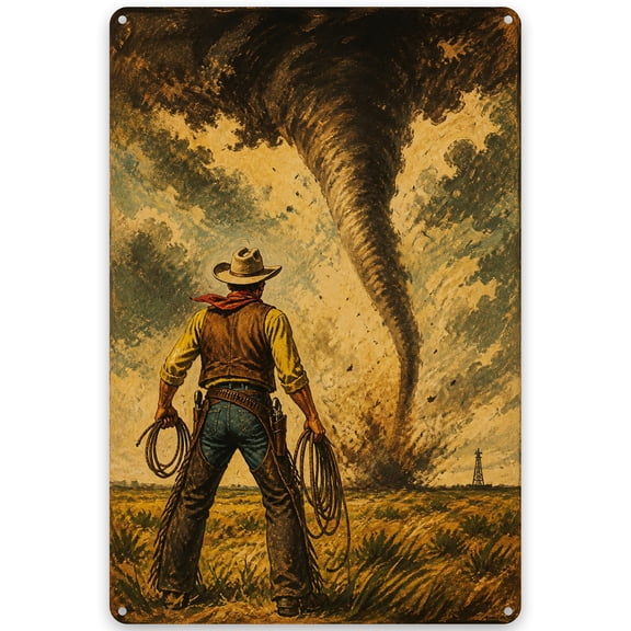 Cowboy Tornado Metal Wall Art Sign 8x12 Inch - Rustic Western Home Decor, Vintage Style Iron Plaque with Pre-Drilled Holes for Easy Hanging, Weather Resistant Finish for Indoor/Outdoor Use