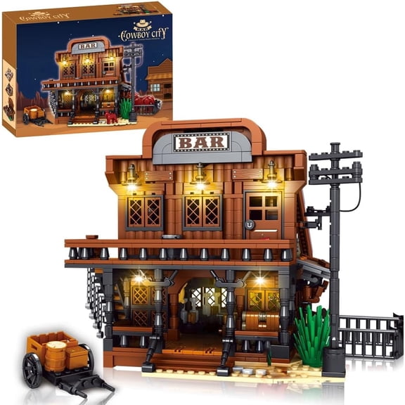 Cowboy Town Bar Building Set with LED Lights, 1834 PCS Wild West Saloon Modular Architecture Model Kit for Adults, Western Street Scene