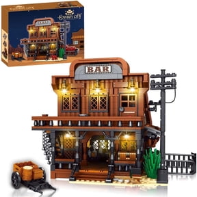 Cowboy Town Bar Building Set with LED Lights, 1834 PCS Wild West Saloon Modular Architecture Model Kit for Adults, Western Street Scene