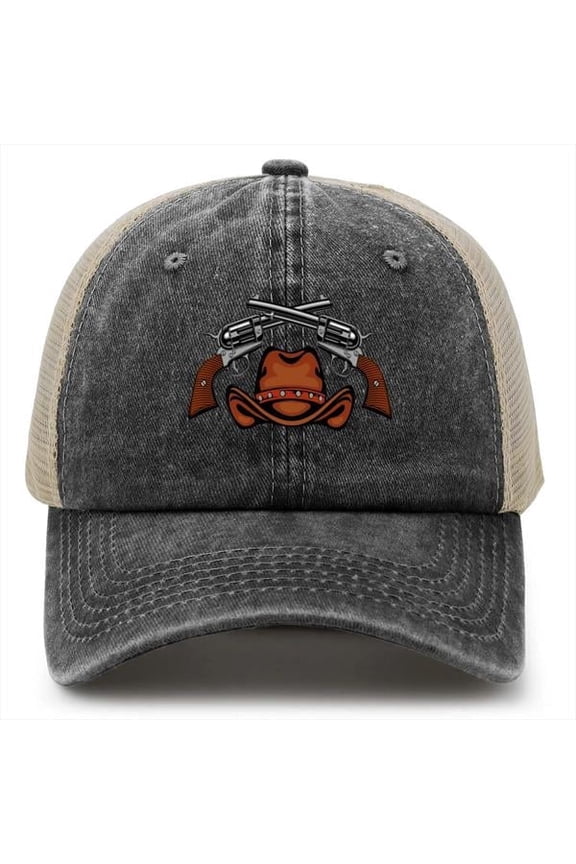 Men Black Cowboy Trucker Hat, Western Baseball Cap, Adjustable Mesh Snapback Hat, Mens Vintage Washed Cap