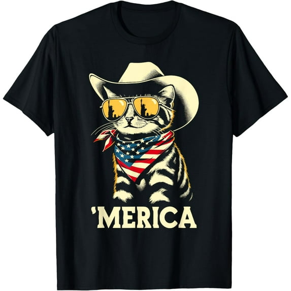 Cowboy USA 'Merica Cat 4th of July Men Women Funny Patriotic T-shirt