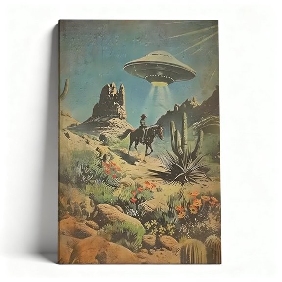 Cowboy And Ufo Desert Canvas Wall Art, Retro Western Sci-Fi Parody Decor, Vintage Desert Landscape Artwork For Living Room, Office, Man Cave, Ready To Hang 8*12inch(20*30cm)