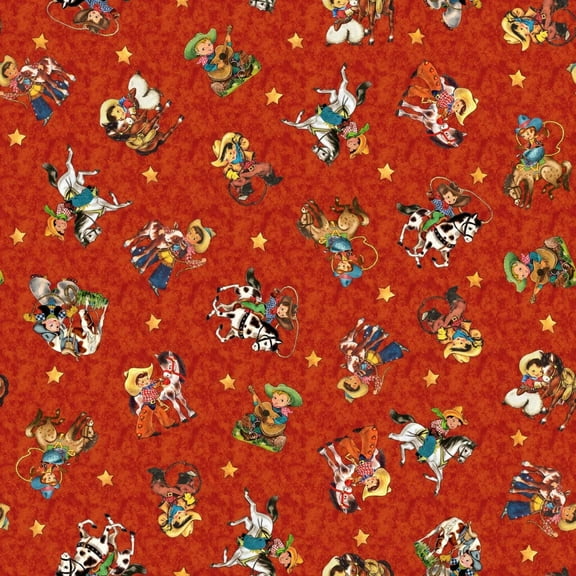 Cowboy Up Retro Cowboy Toss Rust Cotton Fabric