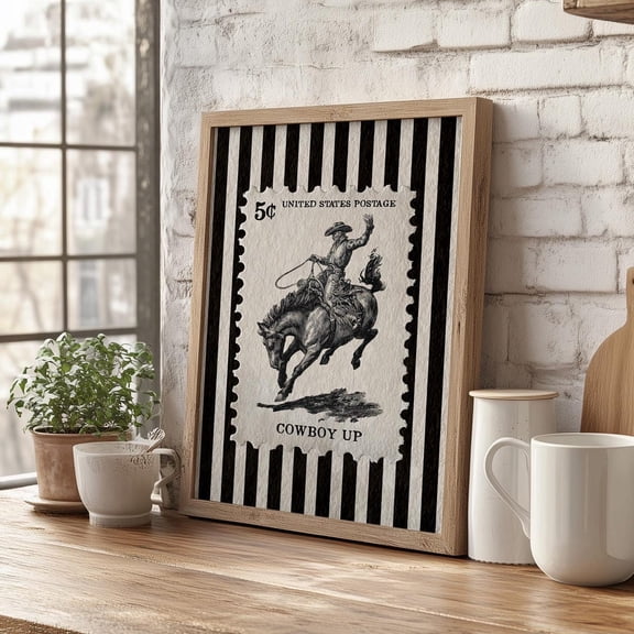 Cowboy Up Vintage Stamp Wall Art Poster, Retro Striped Western Artwork Decor, Black And White Retro Rodeo Ranch Wall Art Unframed Paper Print