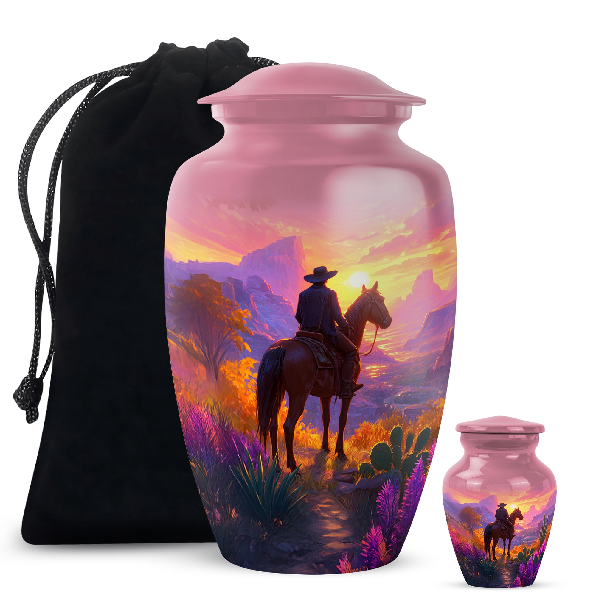 Cowboy Urns, Large And Mini Cremation Urns For Human Ashes Adult Female, Small Funeral Urn For Human Ashes Keepsake, Scenic Sunset Cremation Urn (Size 10 Inch 1 Pcs & Size 3 Inch, 1 Pcs)