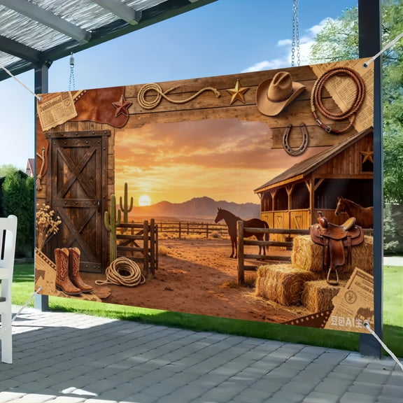 Cowboy Western Backdrop Western Rustic Horse Wooden Barn Photography Background Wild West Rodeo Party Decorations Banner 51*59IN