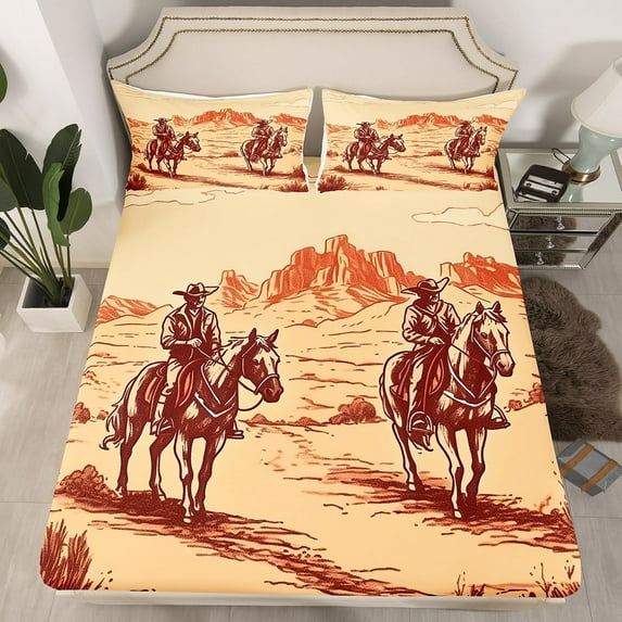Cowboy Western Bed Set Wild West Desert Mountain Fitted Sheet Rustic Home Decor, Western Farmhouse Bed Sheets Teens Country Theme Farm Life Sheets Queen 3 Piece ( No Top Sheet)