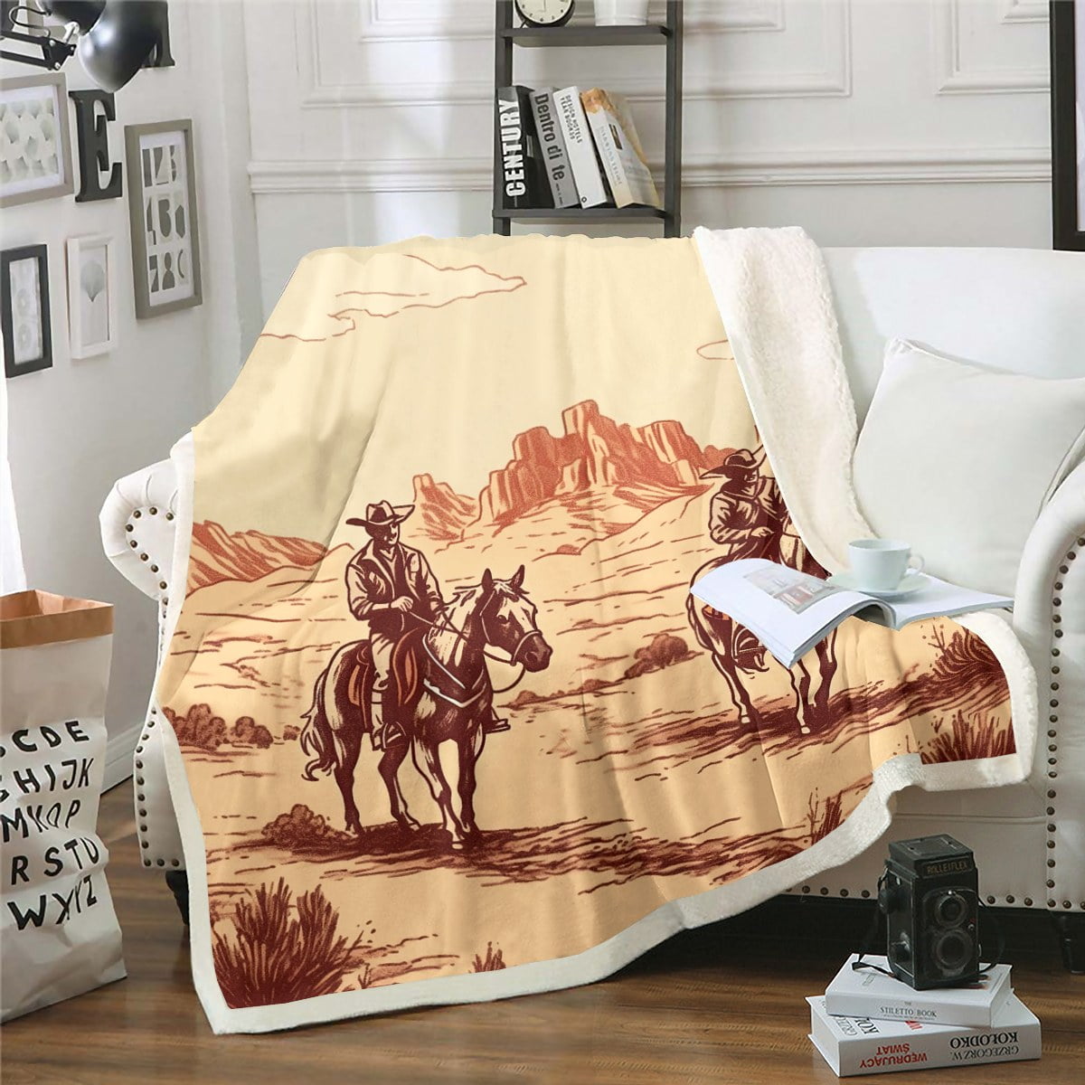 Cowboy Western Blanket Wild West Desert Mountain Fuzzy Blanket Rustic Home Decor, Western